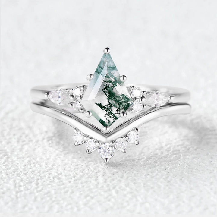 Felicegals Kite Cut Moss Agate Engagement Ring Set 2pcs daily pick Sophisticated Jewelry