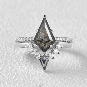 Petite Accent Creative Feature Felicegals Kite Cut Salt and Pepper Diamonds Cluster Engagement Ring Set 2pcs