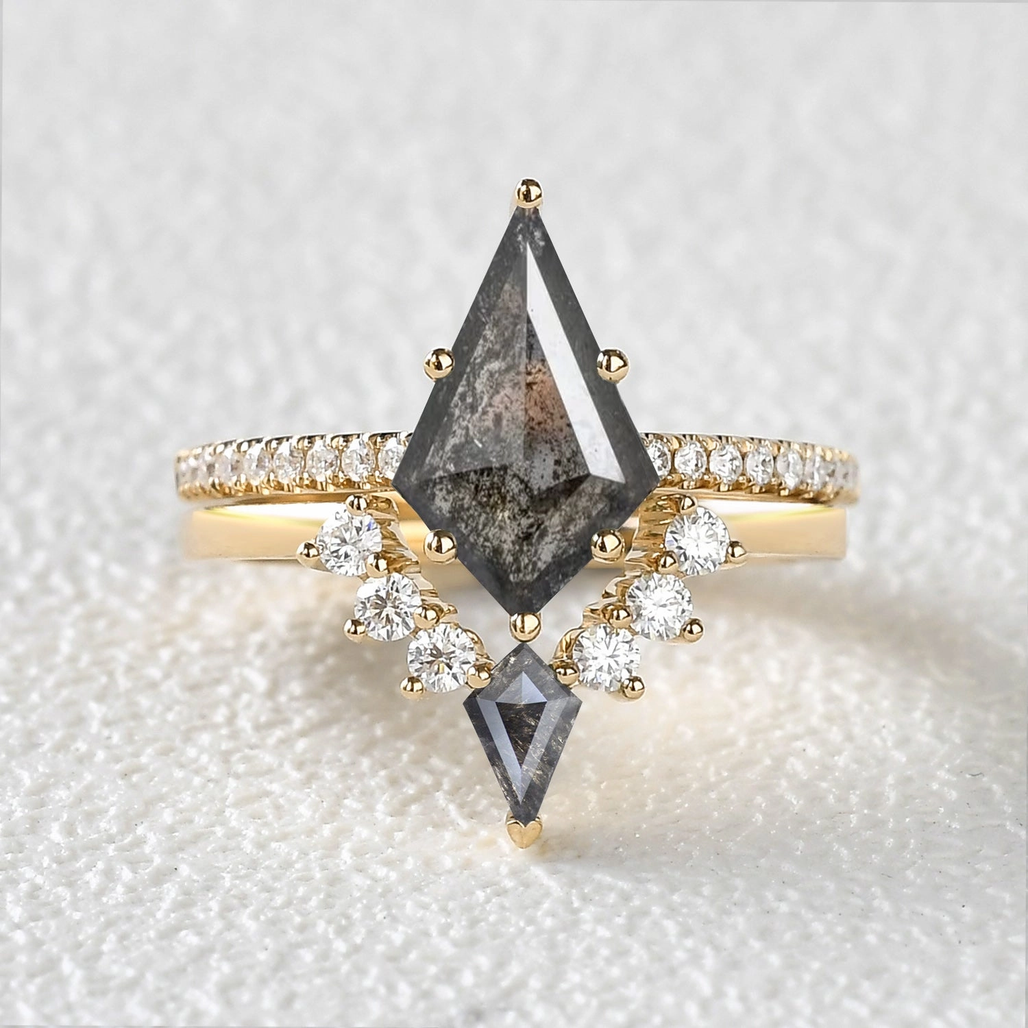 Subtle Pop Felicegals Kite Cut Salt and Pepper Diamonds Cluster Engagement Ring Set 2pcs