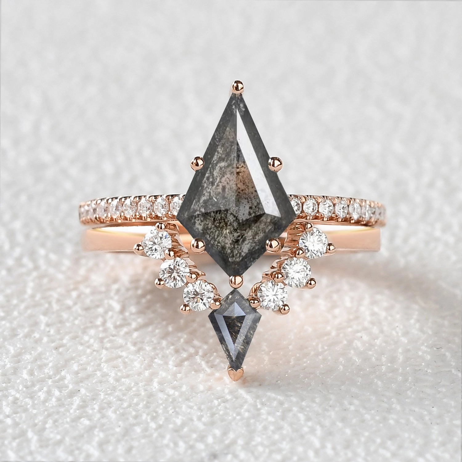 Bold Appeal Radiant Touch Pieces Felicegals Kite Cut Salt and Pepper Diamonds Cluster Engagement Ring Set 2pcs