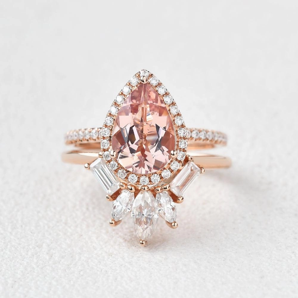 Exquisite Piece Captivating Form Felicegals Pear Shaped Peachy Morganite Vintage Ring Set 2pcs