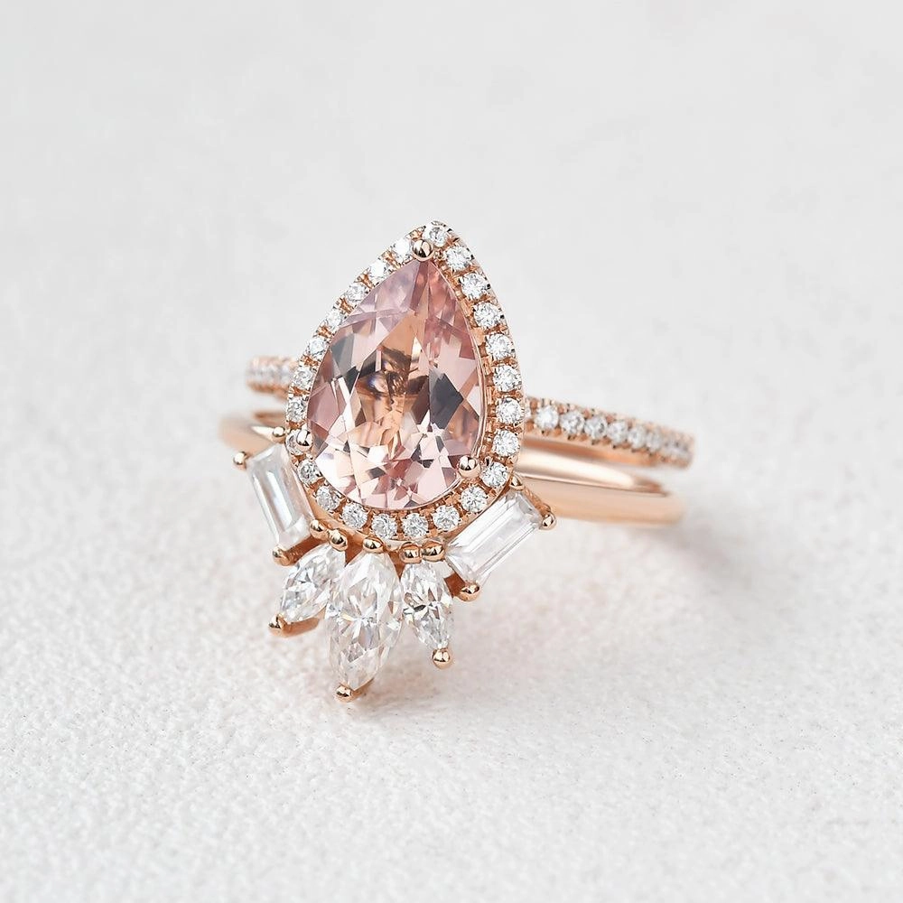 Artisan Accent Luxury Set Felicegals Pear Shaped Peachy Morganite Vintage Ring Set 2pcs