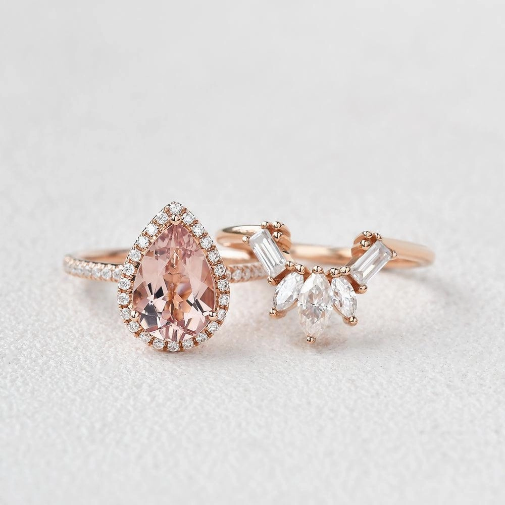 Timeless Spark Felicegals Pear Shaped Peachy Morganite Vintage Ring Set 2pcs