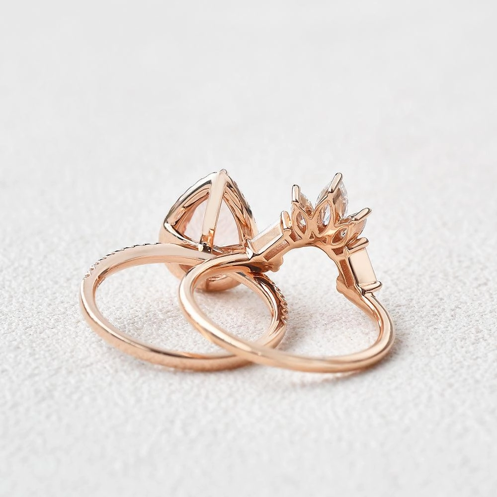 Felicegals Pear Shaped Peachy Morganite Vintage Ring Set 2pcs Seasonal Pairing Dainty Accessory