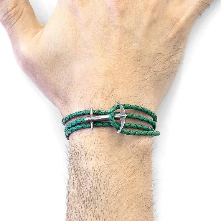 FERN GREEN ADMIRAL ANCHOR SILVER AND BRAIDED LEATHER BRACELET