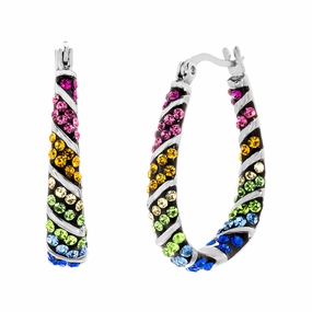 Lesa Michele Rainbow Crystal Striped Oval Hoop Earrings in Stainless Steel Oversized Accent Artistic Ornament