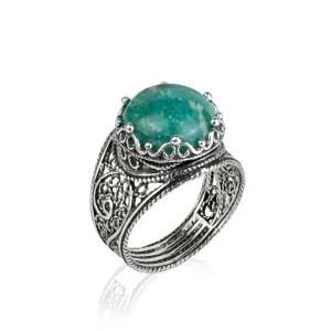 Filigree Art Amazonite Gemstone Crown Design Women Silver Statement Ring
