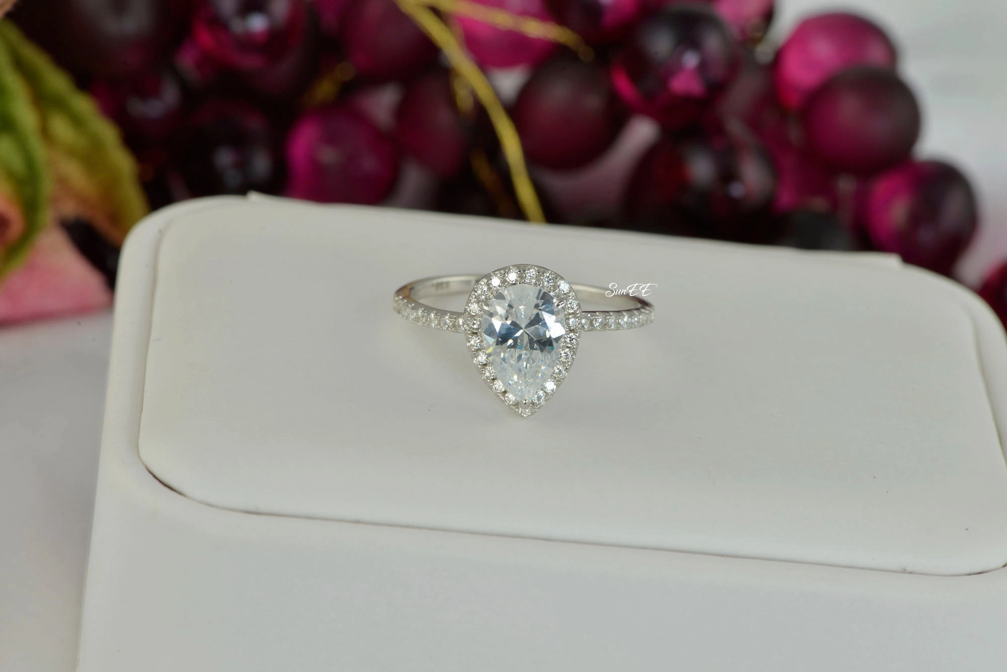 Ornate Craft Hand Wash Only 3.5ct Halo Pear Cut Bridal Wedding Engagement Ring Diamond Simulated 925 Sterling Silver Anniversary Rings SKU:00158