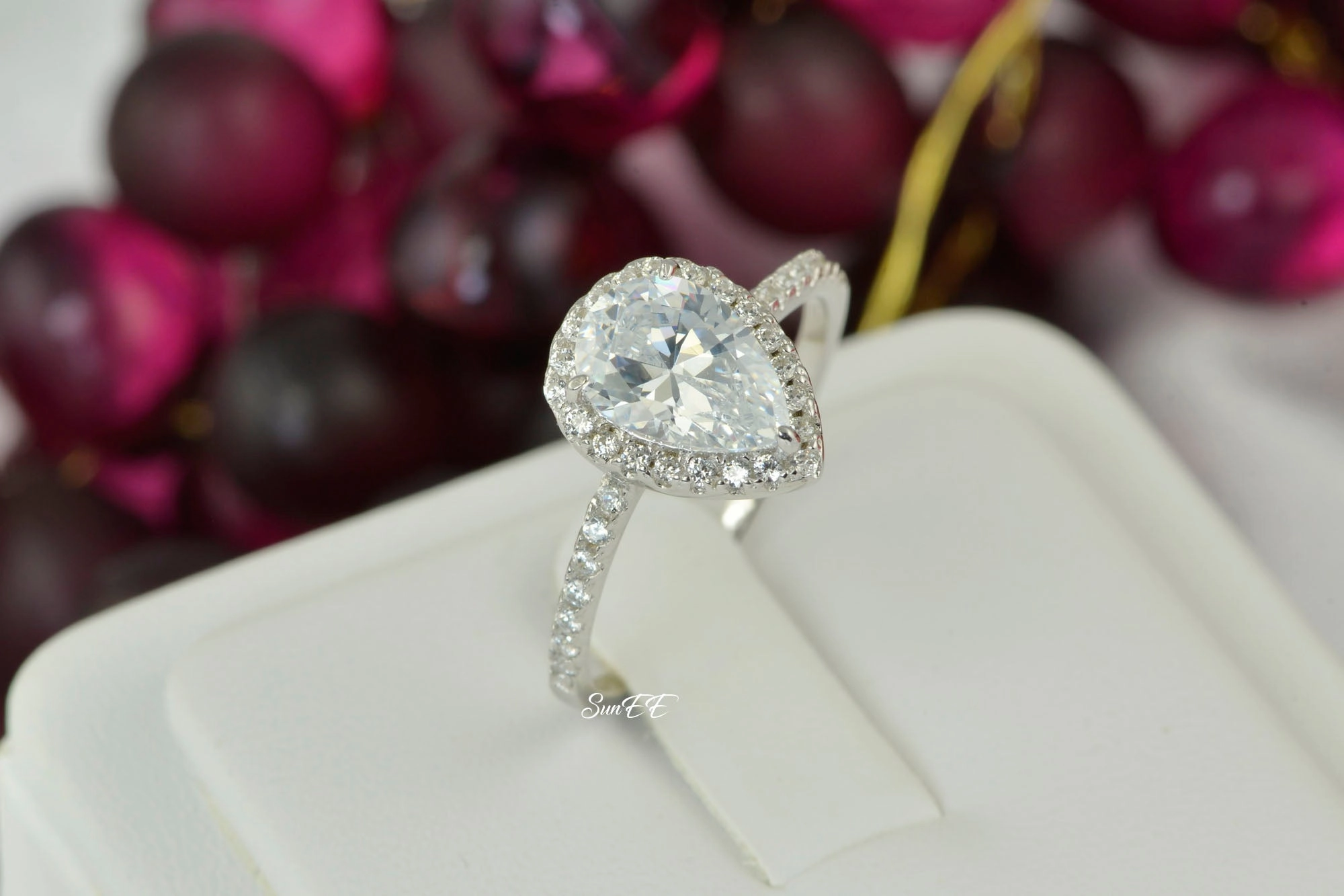 3.5ct Halo Pear Cut Bridal Wedding Engagement Ring Diamond Simulated 925 Sterling Silver Anniversary Rings SKU:00158 Comfortable Appearance Romantic Gift