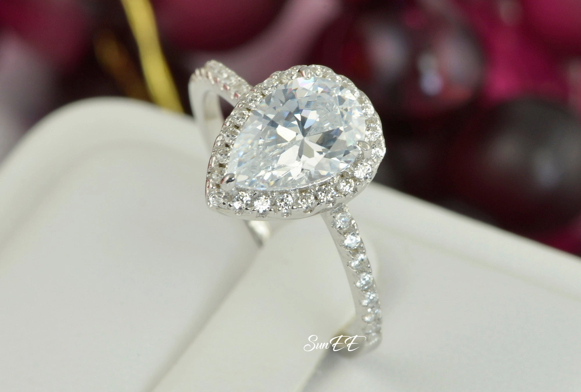 3.5ct Halo Pear Cut Bridal Wedding Engagement Ring Diamond Simulated 925 Sterling Silver Anniversary Rings SKU:00158 Chic Appeal Luxury Geometry
