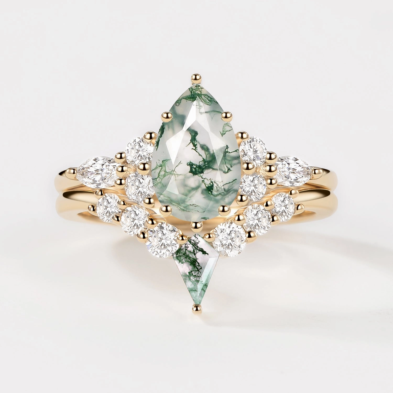 Custom Design Pieces Twin Flames - Pear Cut Unique Moss Agate Engagement Ring Sets 2pcs - Zoey