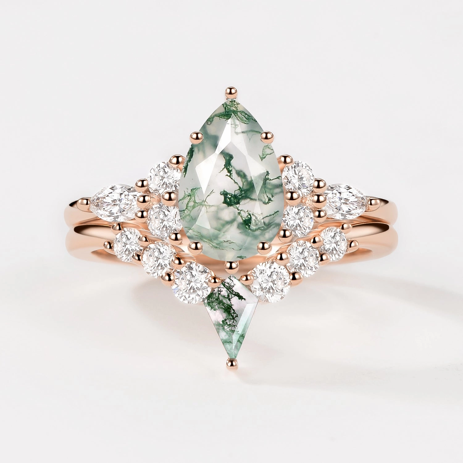 Minimalist Look Twin Flames - Pear Cut Unique Moss Agate Engagement Ring Sets 2pcs - Zoey