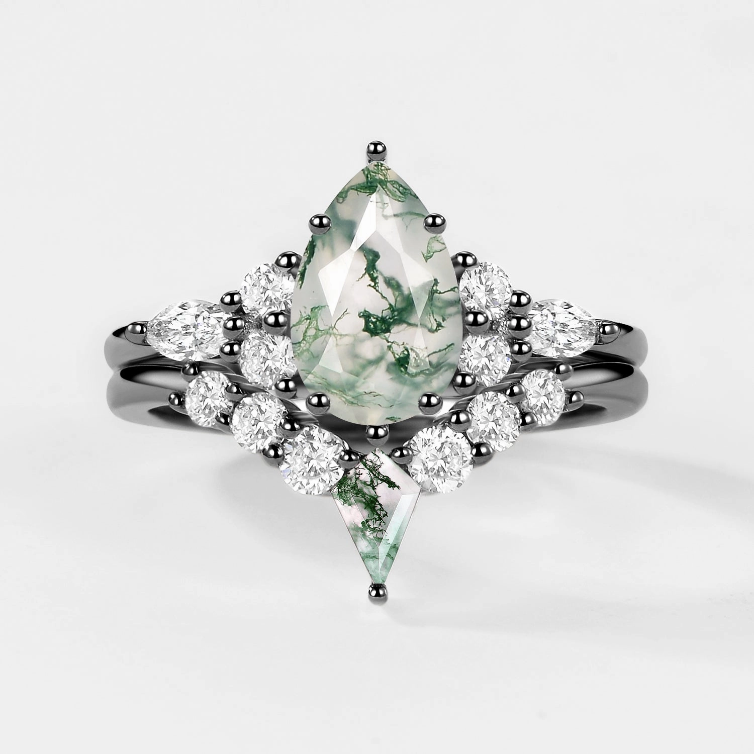 Clear Finish Twin Flames - Pear Cut Unique Moss Agate Engagement Ring Sets 2pcs - Zoey