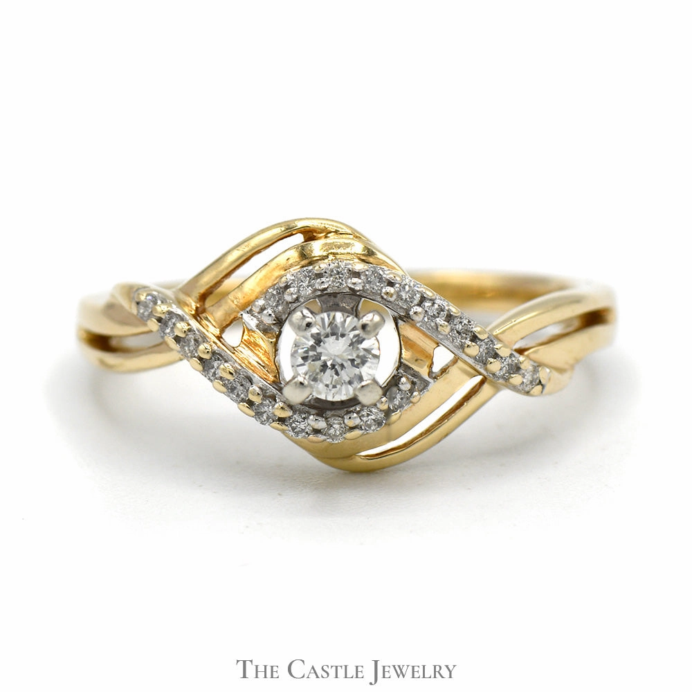 Holiday Festivity Round Diamond Ring with Swirled Diamond Accents in 10k Yellow Gold Open Crossover Setting
