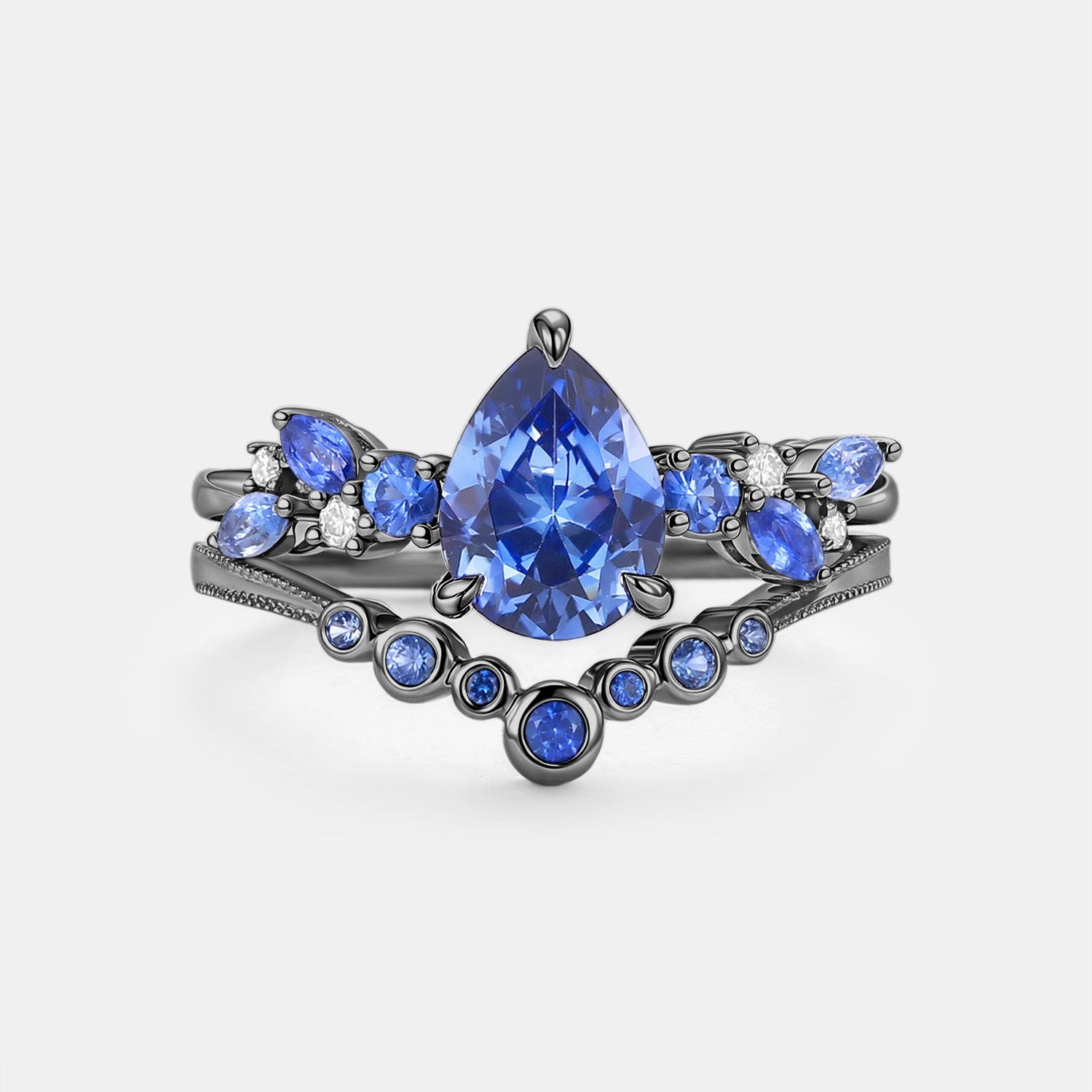 Merging in the Rain - Lab Cornflower Sapphire Pear Cut Ring Set Daily Outfit Graceful Look