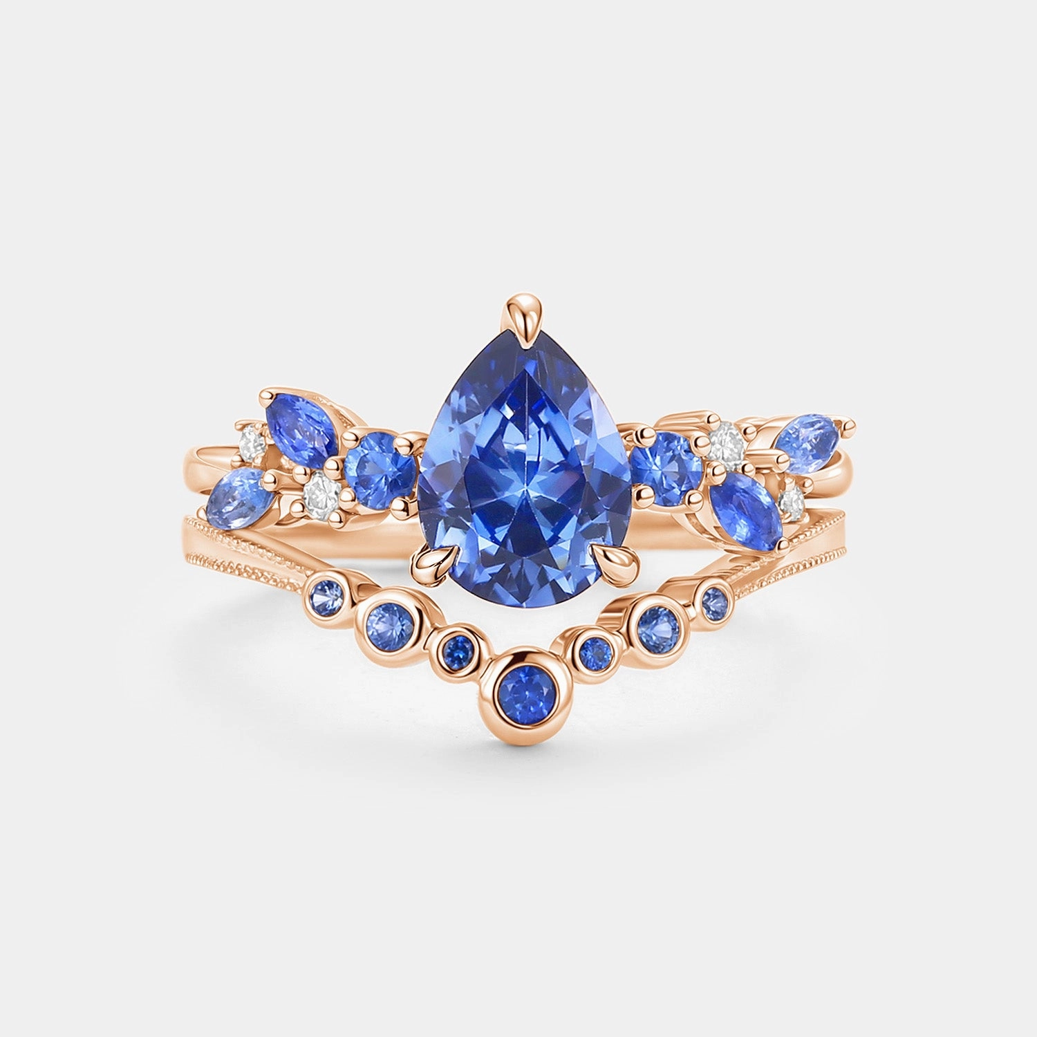 Distinctive Craft Merging in the Rain - Lab Cornflower Sapphire Pear Cut Ring Set