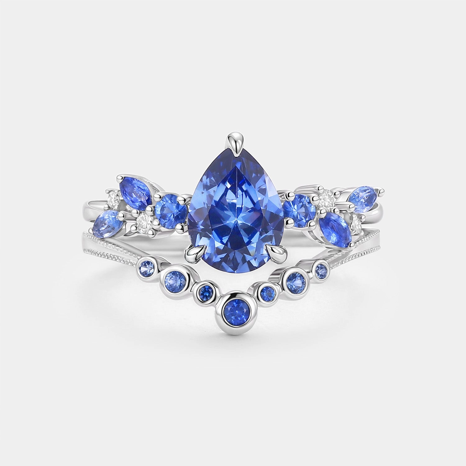 Merging in the Rain - Lab Cornflower Sapphire Pear Cut Ring Set Model Ready Distinctive Style
