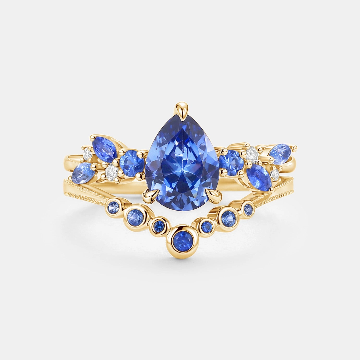Petite Style Merging in the Rain - Lab Cornflower Sapphire Pear Cut Ring Set