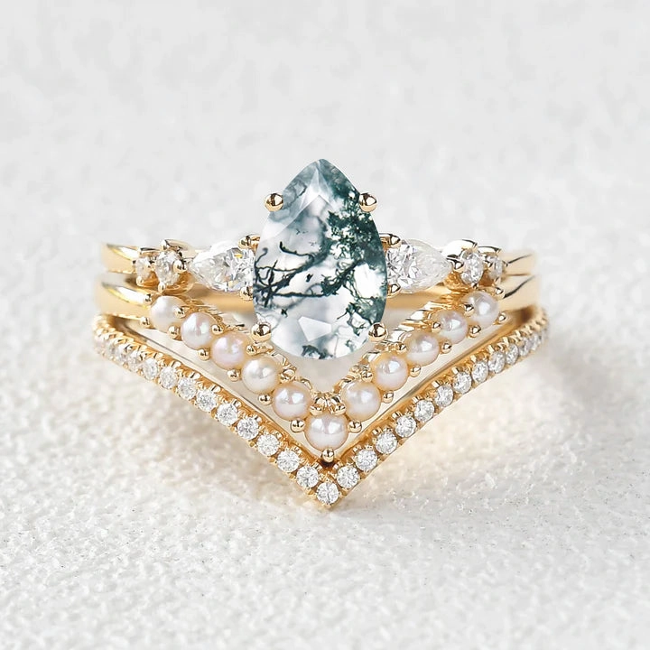 Glamour Finish Pear Shaped Moss Agate Pearl Stacking Engagement Ring Set 3pcs
