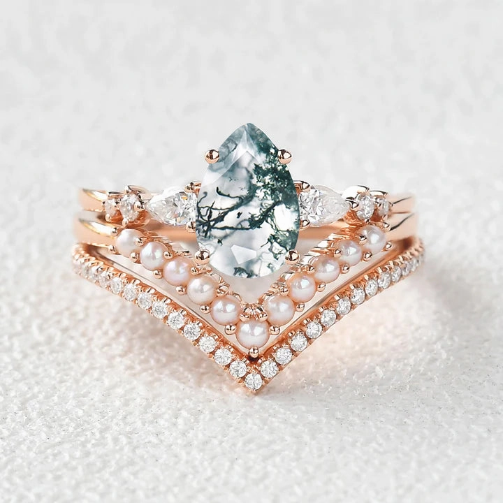 Travel Mood Luxury Finish Pear Shaped Moss Agate Pearl Stacking Engagement Ring Set 3pcs