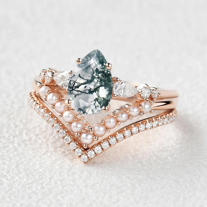 Everyday Duo Pear Shaped Moss Agate Pearl Stacking Engagement Ring Set 3pcs