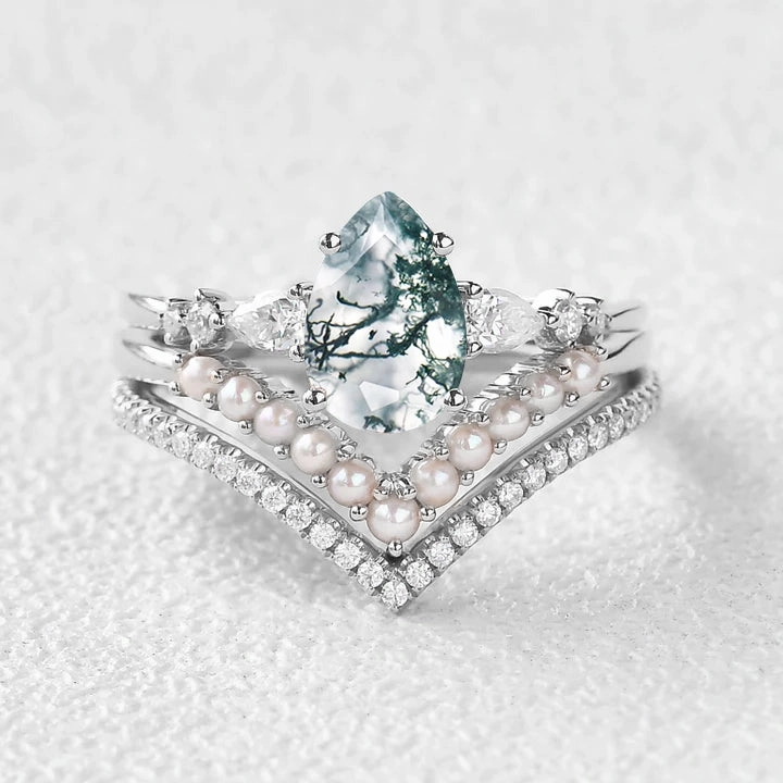 Pear Shaped Moss Agate Pearl Stacking Engagement Ring Set 3pcs Modern Flow
