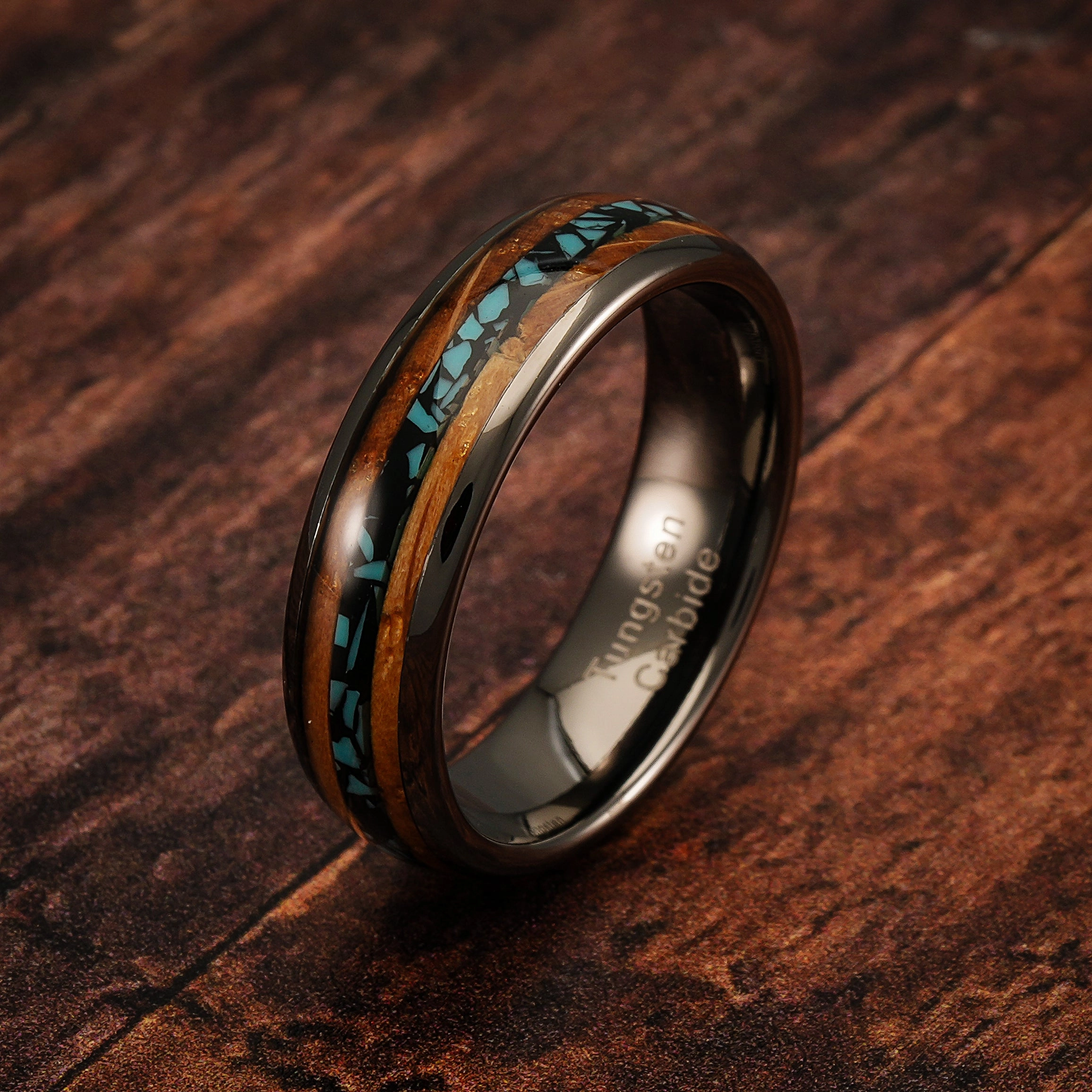100S JEWELRY 6mm Gunmetal Tungsten Rings for Men & Women: Unique Turquoise & Whiskey Barrel Inlay - Durable Wedding, Engagement, Promise Band - Available in Sizes 6-13 Premium Appearance
