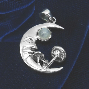 Man-in-the-Moon Pendant w/ Mushrooms & Rainbow Moonstone Chain Accessory