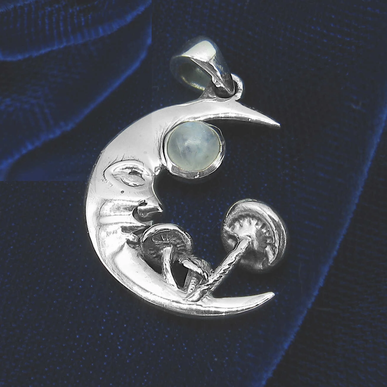 Man-in-the-Moon Pendant w/ Mushrooms & Rainbow Moonstone Chain Accessory