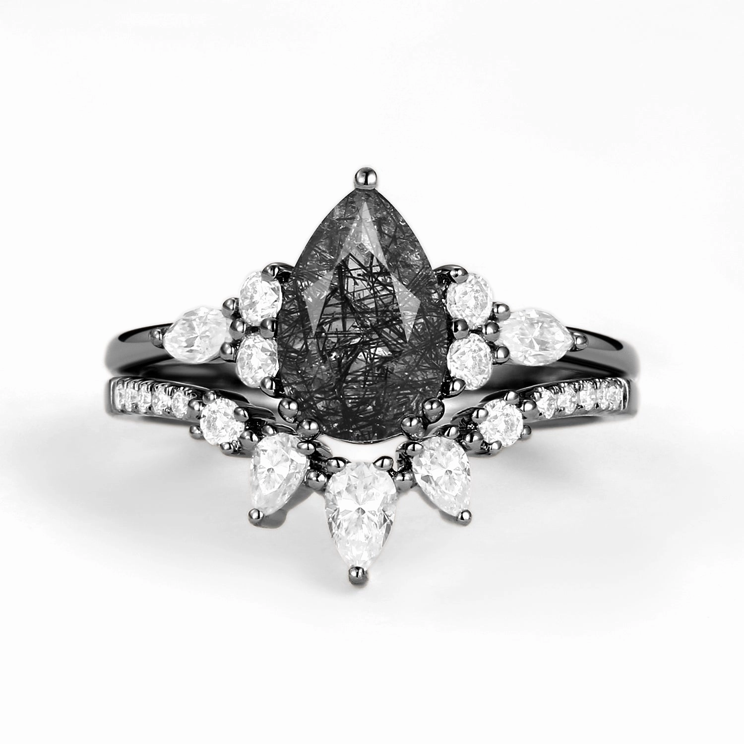 Gorgeous Finish Black Gold 1.5ct Pear Shaped Black Rutilated Quartz Gold Ring Set 2pcs - Sage