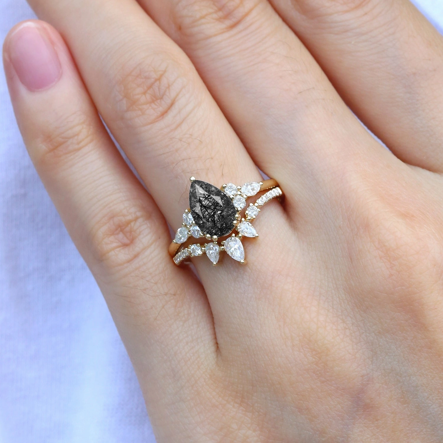 Black Gold 1.5ct Pear Shaped Black Rutilated Quartz Gold Ring Set 2pcs - Sage Dynamic Shape Light Radiance