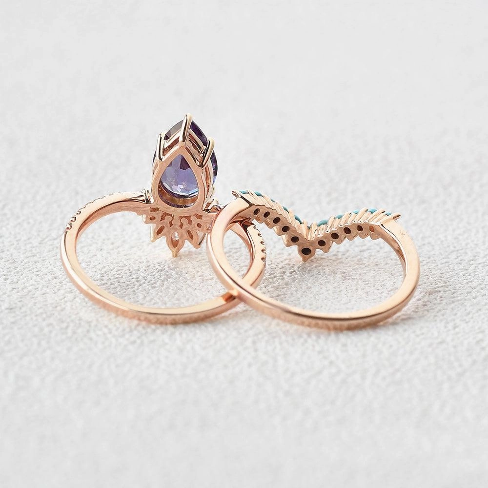 Alexandrite & Moissanite & Turquoise Yellow Gold Ring Set 2pcs Glamorous Gifts Romantic Spark