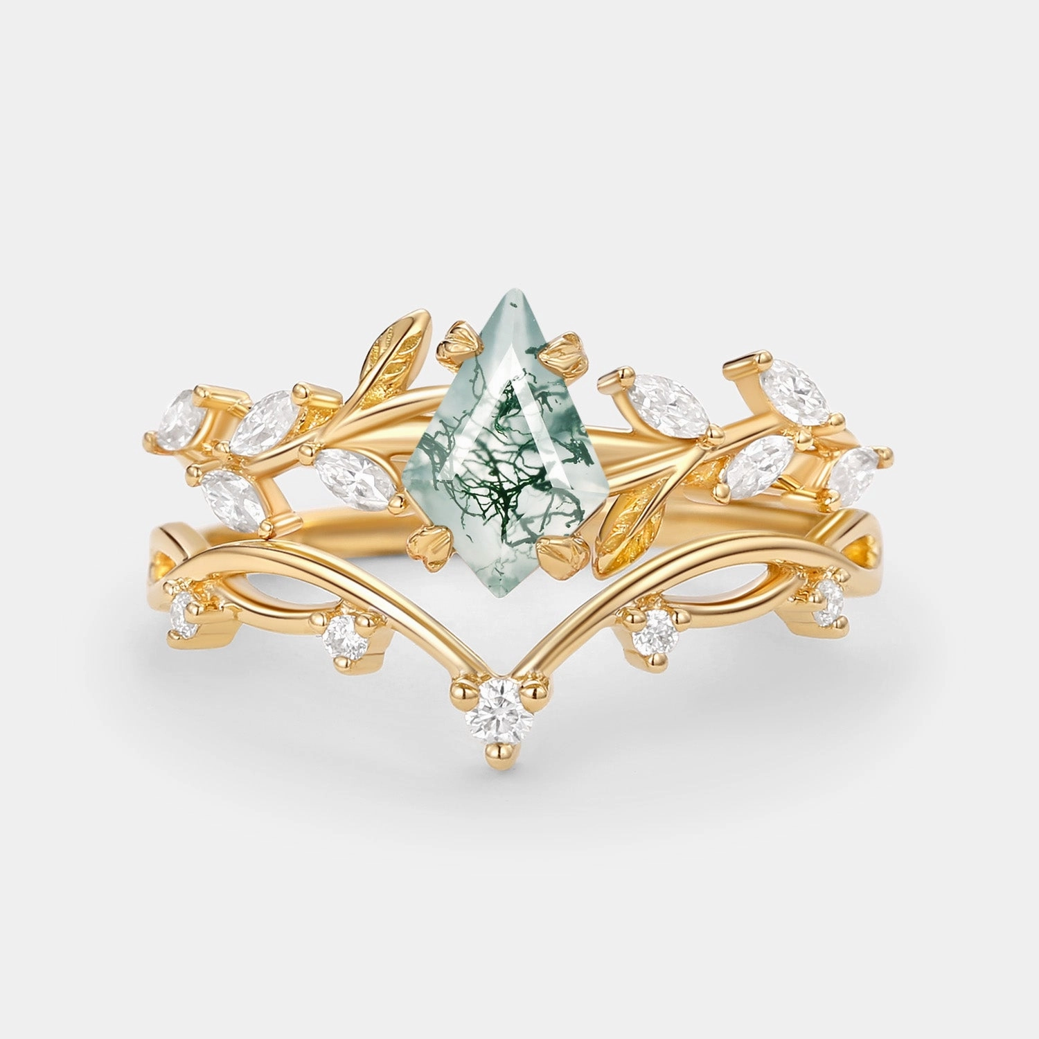 Effortless Piece Luxury Highlight Kite Cut Moss Agate Leafy Cluster Engagement Ring Sets 2pcs