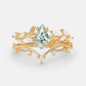 Effortless Piece Luxury Highlight Kite Cut Moss Agate Leafy Cluster Engagement Ring Sets 2pcs