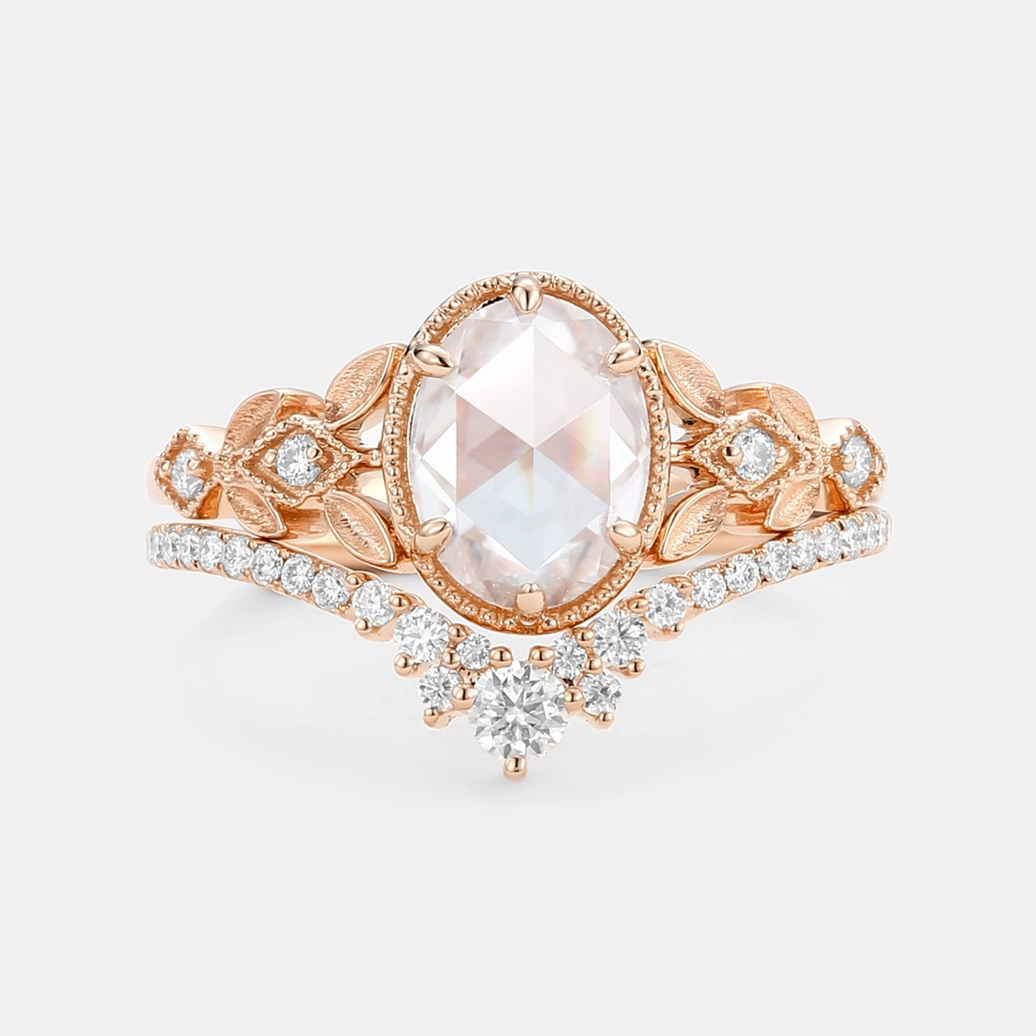 Gloss Mode Rose Cut Oval Moissanite Leafy Vintage Gold Ring Set 2pcs - Selene