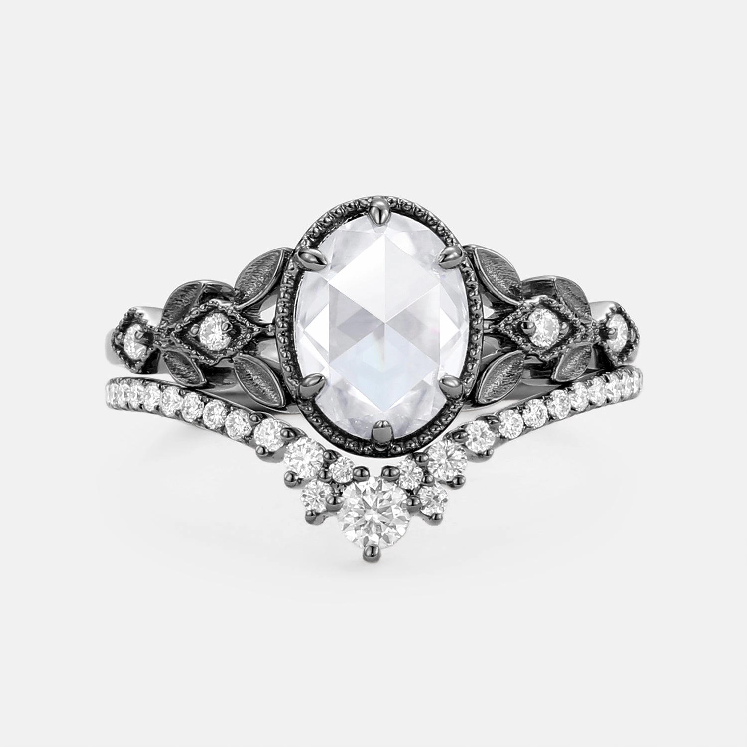 Rose Cut Oval Moissanite Leafy Vintage Gold Ring Set 2pcs - Selene Exquisite Jewelry Brilliant Detail