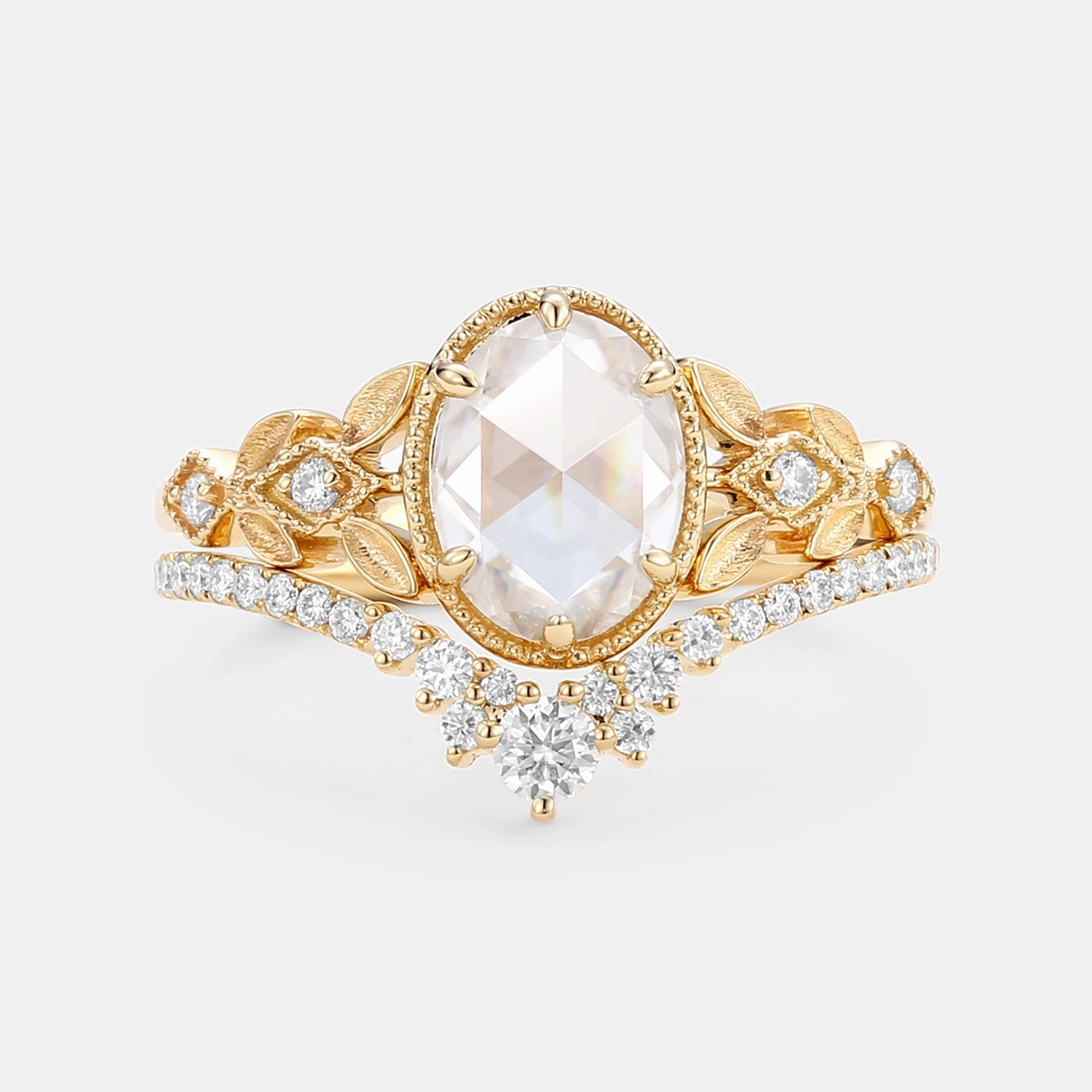 Luxury Outfit Vibrant Feel Rose Cut Oval Moissanite Leafy Vintage Gold Ring Set 2pcs - Selene