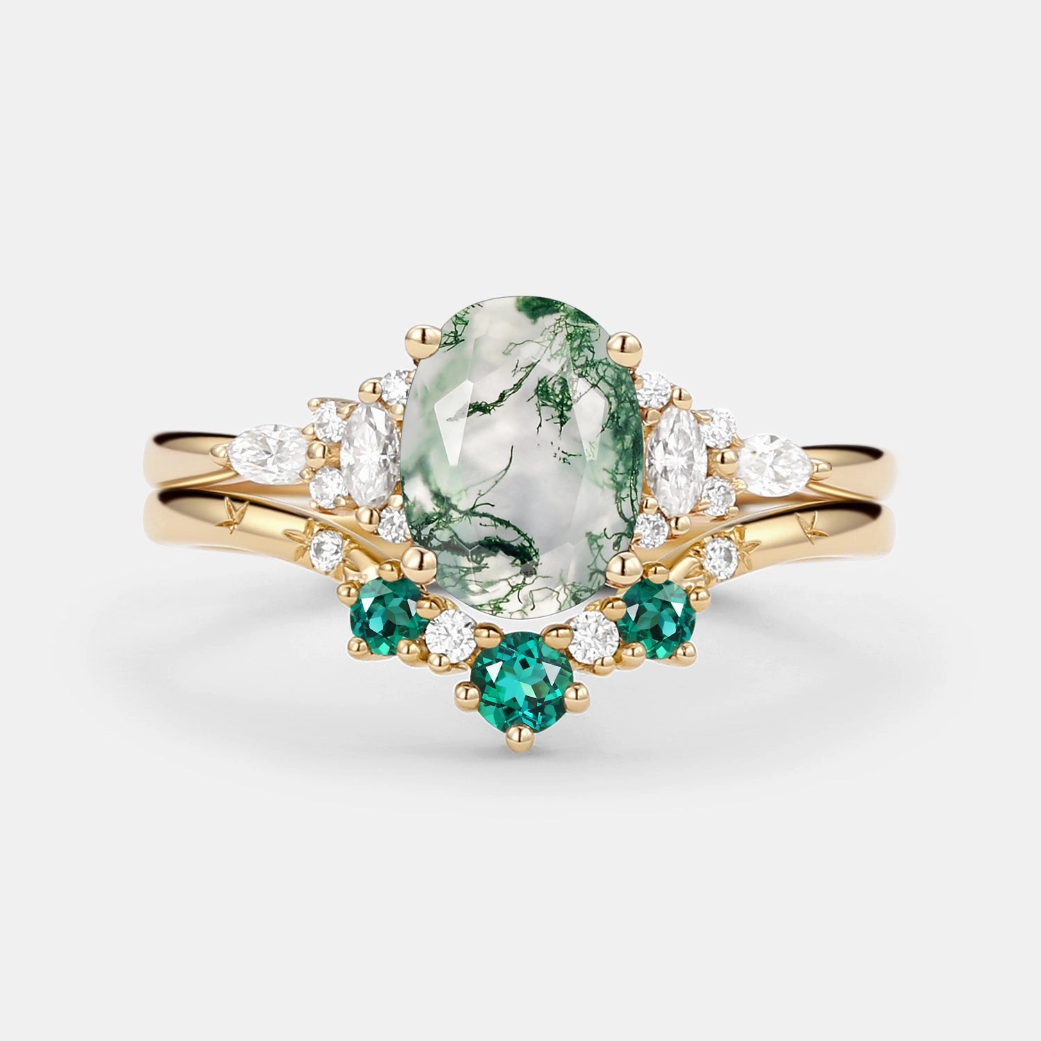 Minimal Mood Oval Cut Moss Agate & Lab Emerald Engagement Ring Sets 2pcs