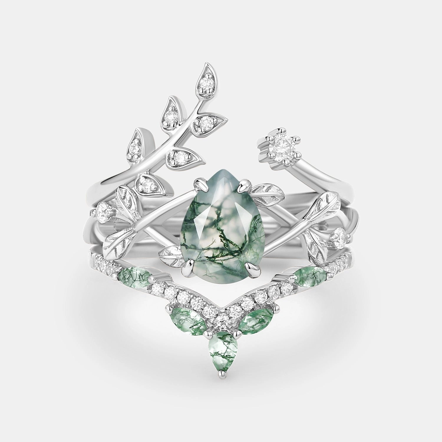 Party Ready Pear Shaped Moss Agate Leafy Ring Set 3pcs - Liliana