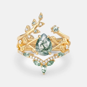 Pear Shaped Moss Agate Leafy Ring Set 3pcs - Liliana Gleaming Highlight Fusion Form