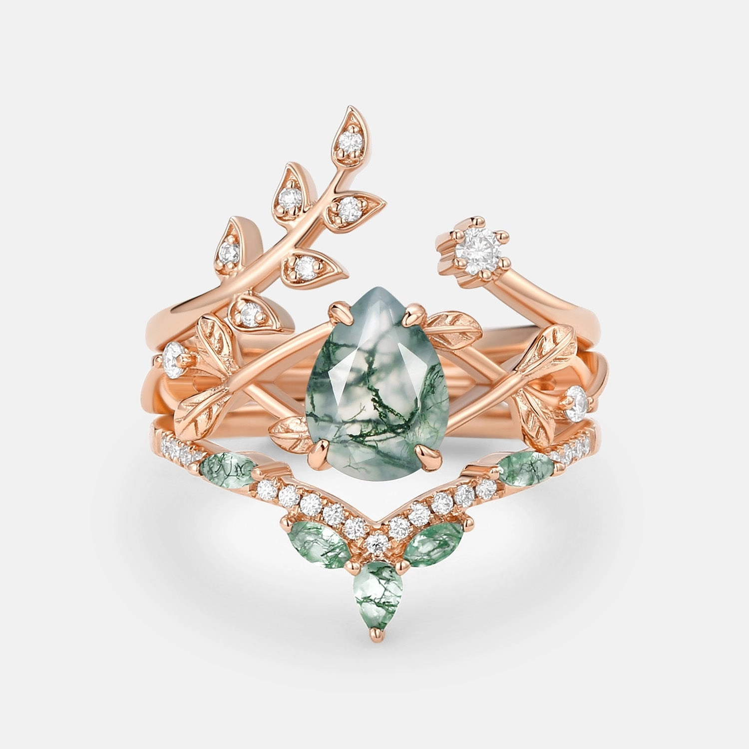 Pear Shaped Moss Agate Leafy Ring Set 3pcs - Liliana Flirty Look Glittering Sparkle