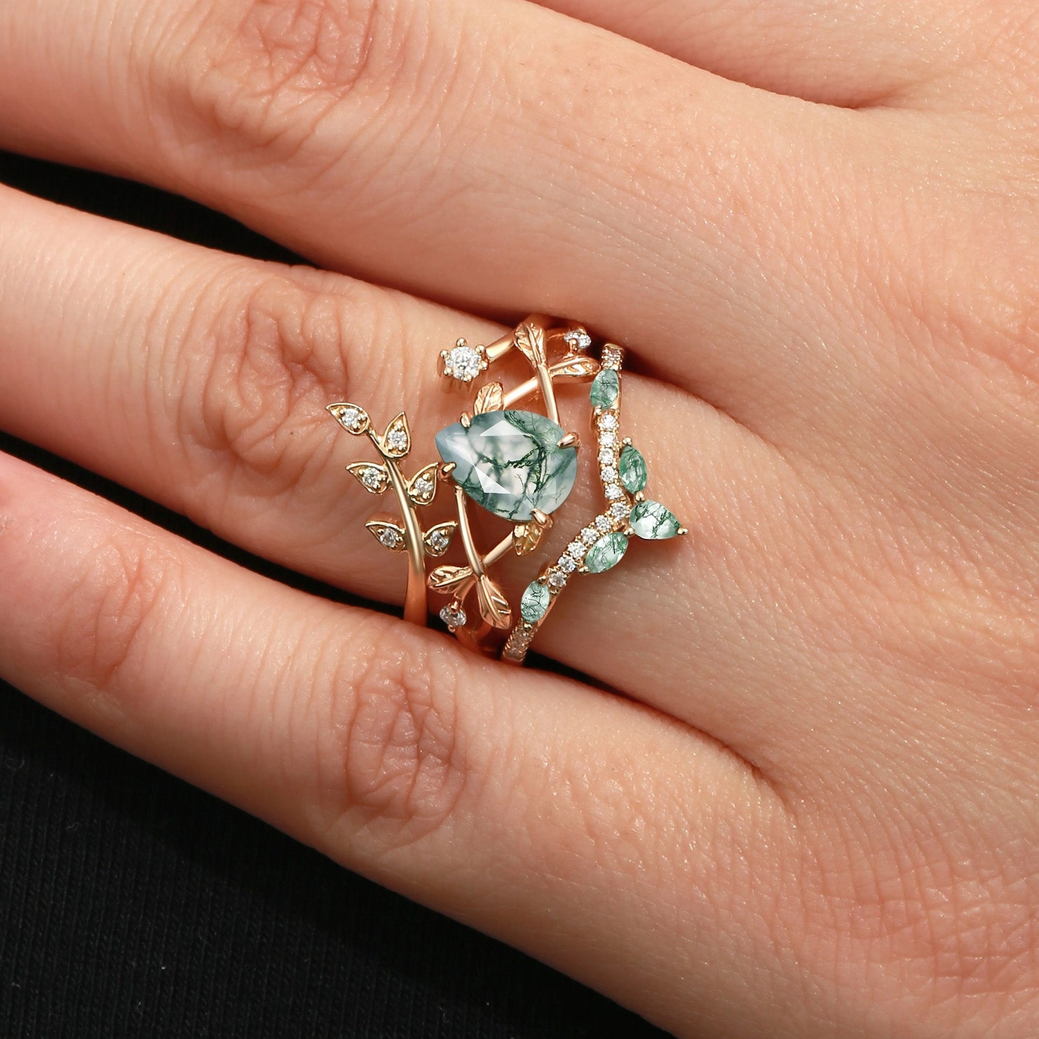 Perfect Accessory Custom Shine Pear Shaped Moss Agate Leafy Ring Set 3pcs - Liliana
