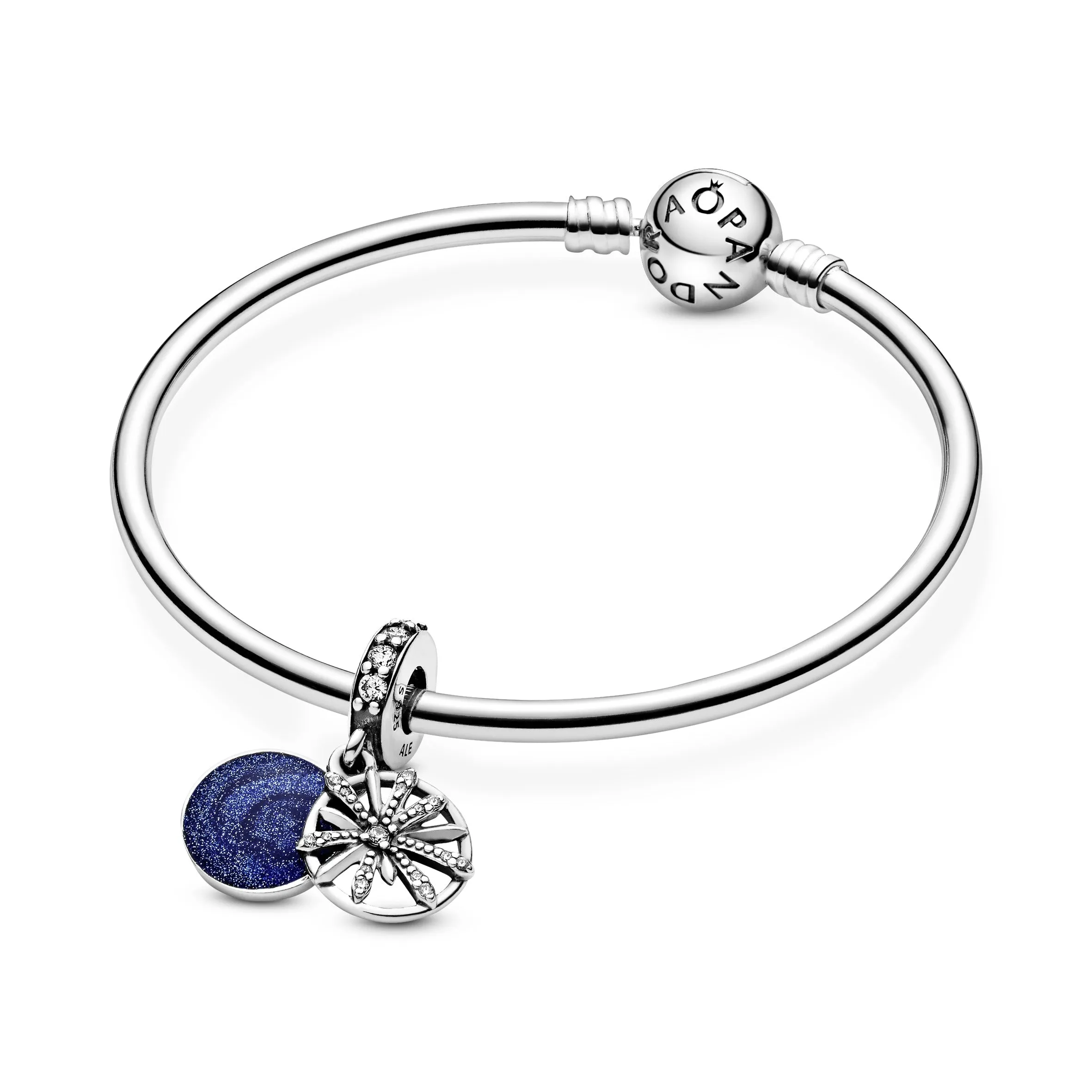 Firework silver dangle with clear cubic zirconia and blue enamel