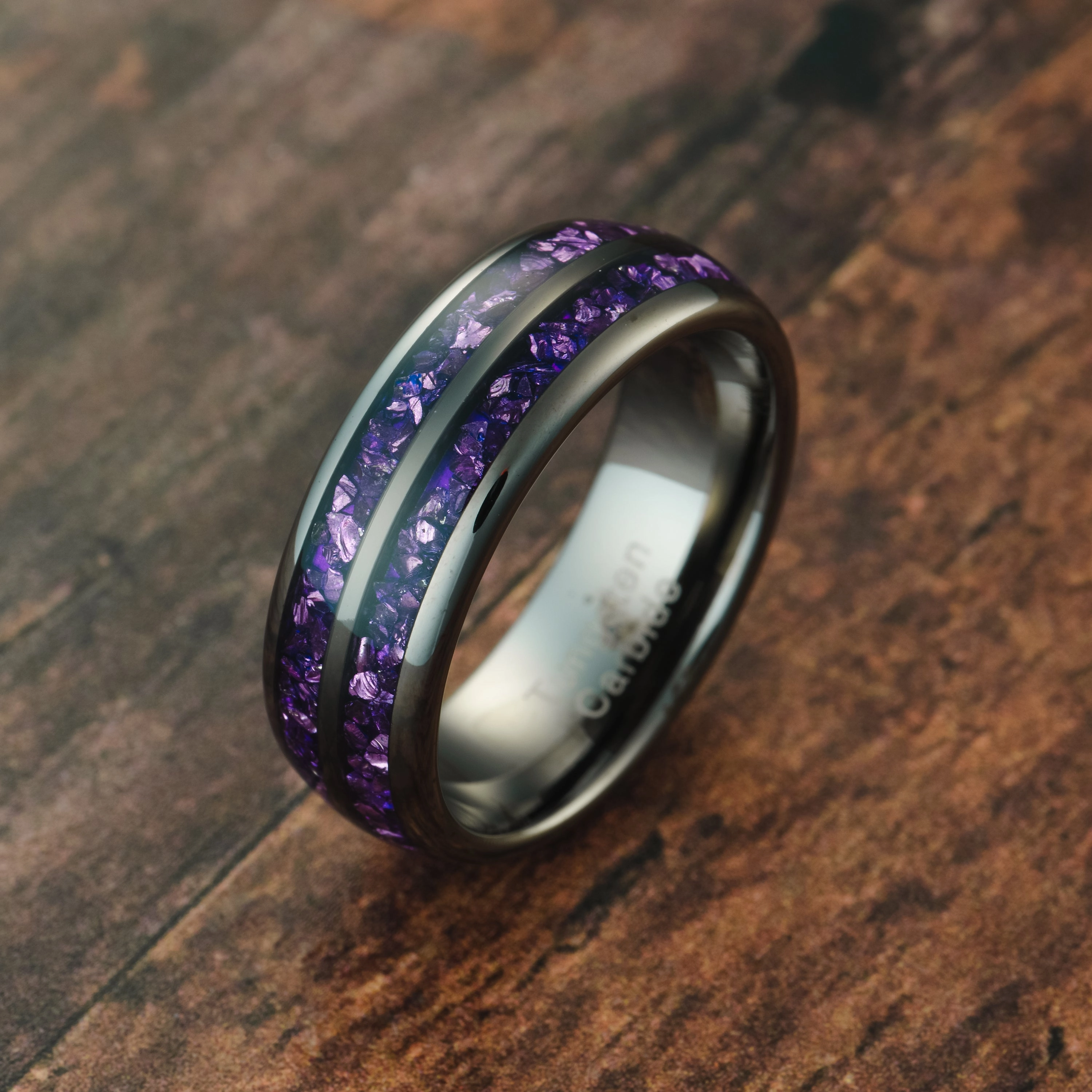 100S JEWELRY Engraved Personalized Gunmetal Purple Tungsten Rings For Men Amethyst Inlay Wedding Promise Band Size 6-16 Sparkling Ornament