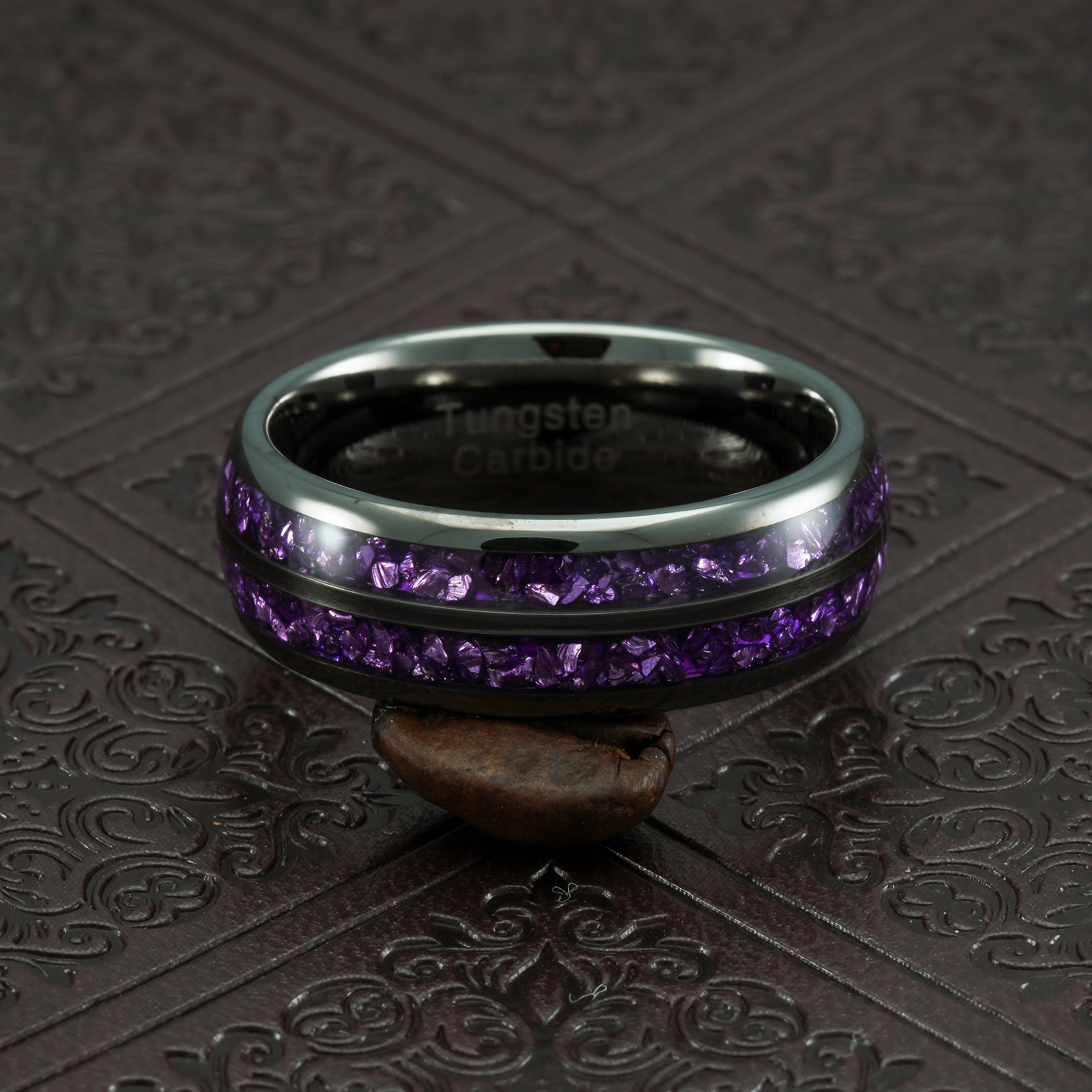 100S JEWELRY Engraved Personalized Gunmetal Purple Tungsten Rings For Men Amethyst Inlay Wedding Promise Band Size 6-16 Artisan Design Designer Product