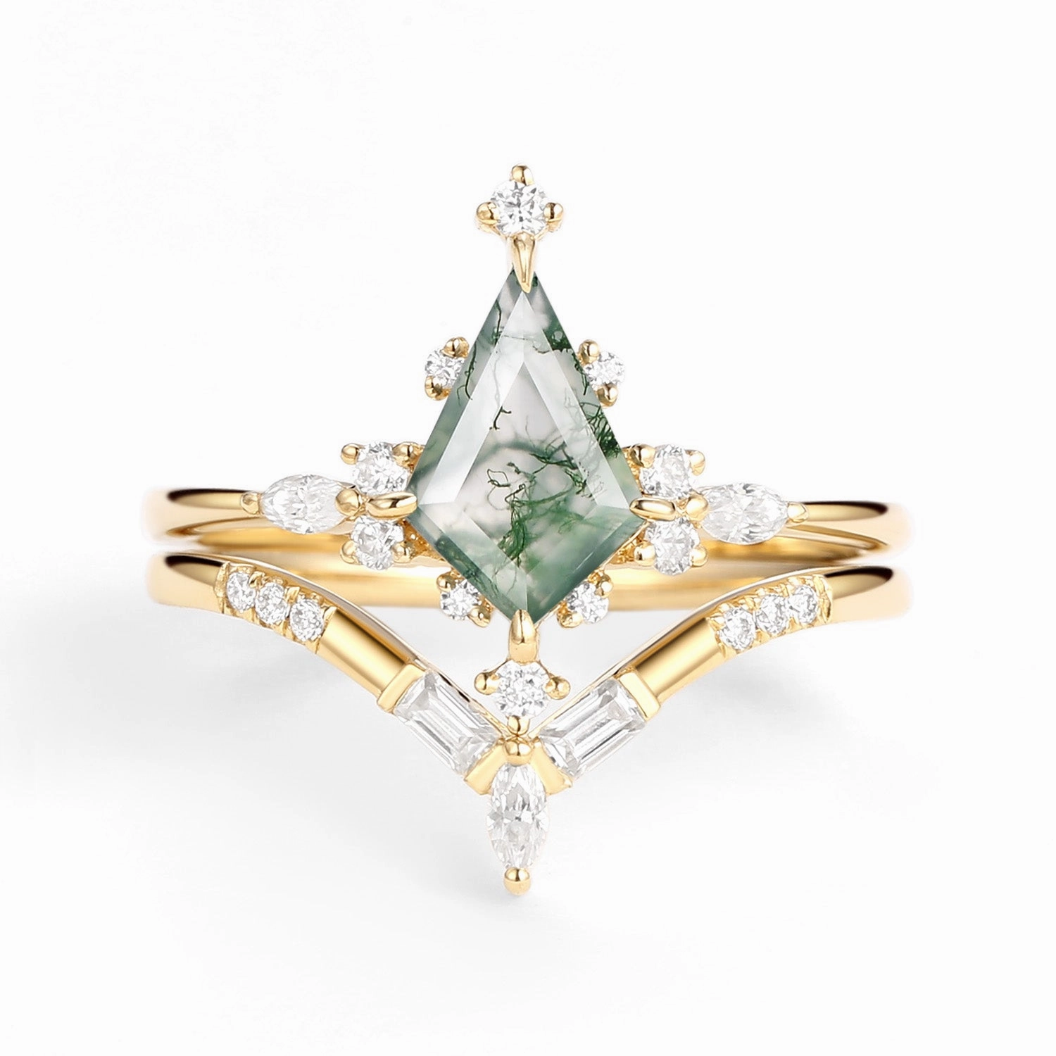 Seasonal Pairing Unique Moss Agate Star Kite Engagement Ring Set 2pcs - Isla
