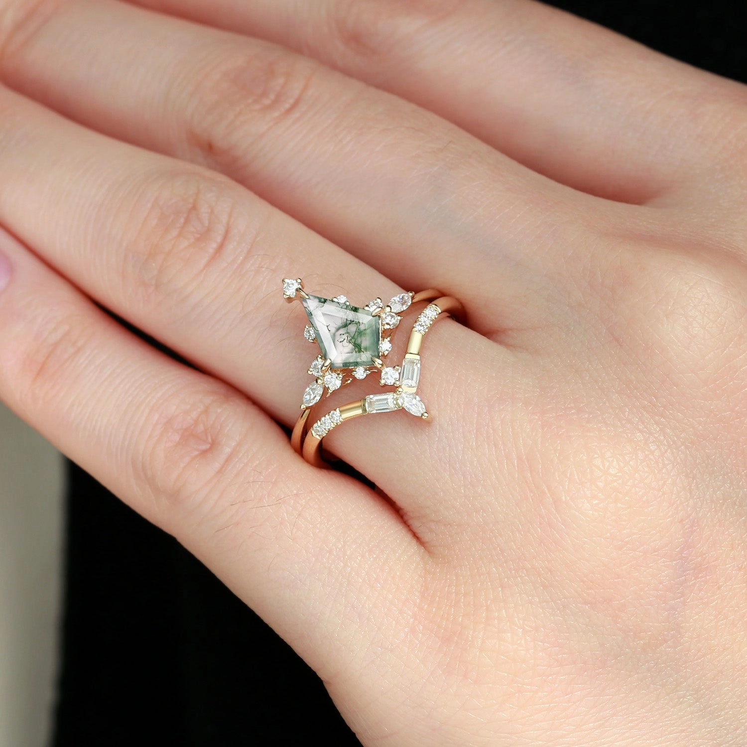 Dainty Appeal Unique Moss Agate Star Kite Engagement Ring Set 2pcs - Isla