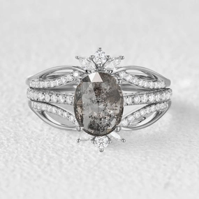 Oval Cut Salt and Pepper Diamonds Extravaganza Engagement Ring Sets 3pcs High-Quality Piece