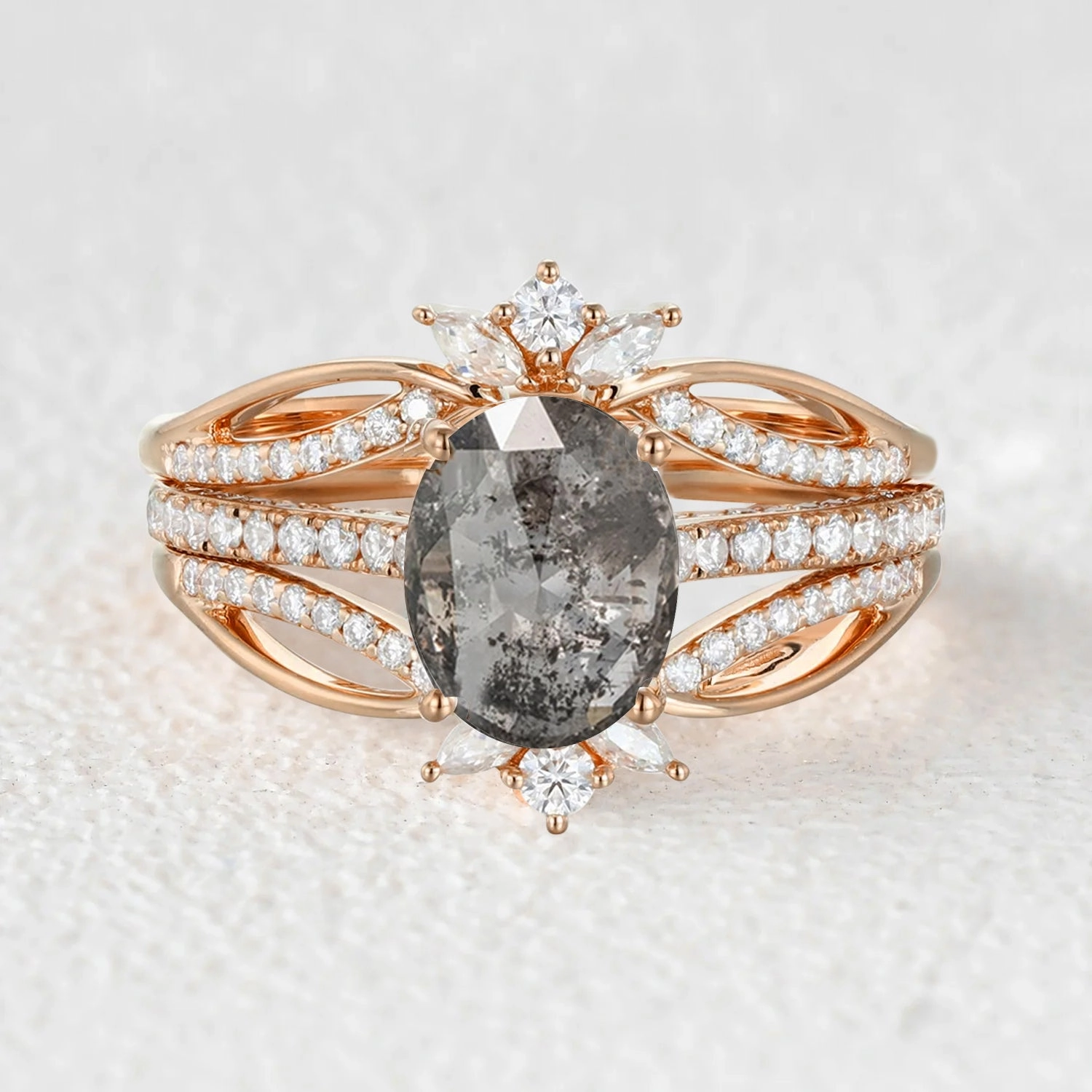 Oval Cut Salt and Pepper Diamonds Extravaganza Engagement Ring Sets 3pcs Chic Feature Evening Glam