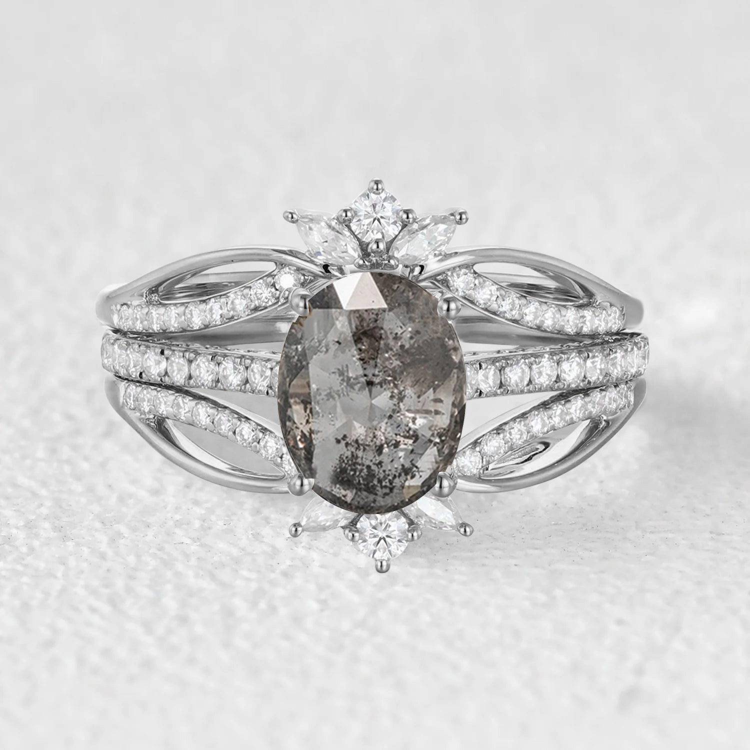 Oval Cut Salt and Pepper Diamonds Extravaganza Engagement Ring Sets 3pcs Boho Charm